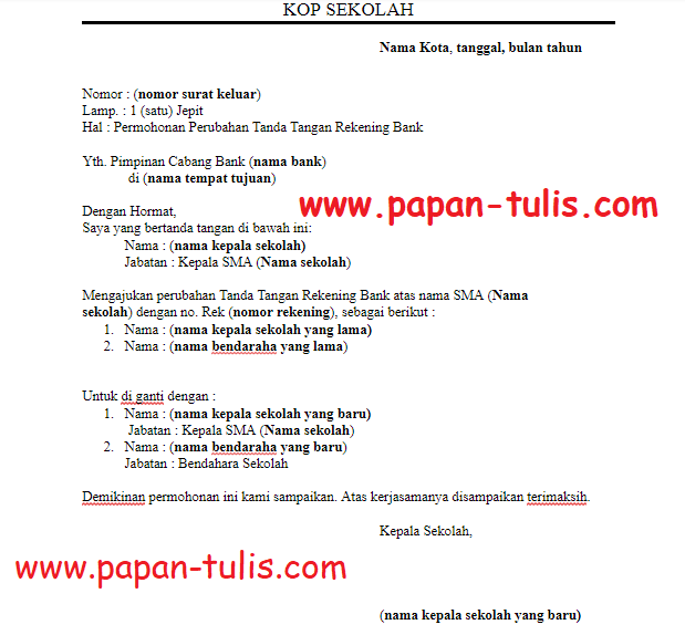 Surat Permohonan Perubahan Spesimen Rekening Bank Untuk Sekolah