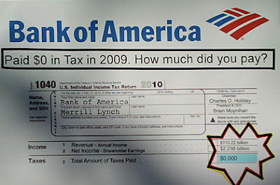 protest sign with check image showing year that Bank of America paid no taxes