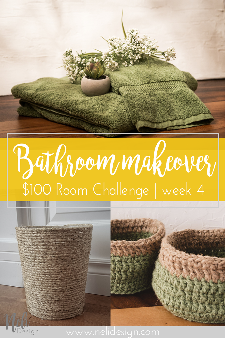 $100 Room Challenge | bathroom | Crochet basket | Green towels | Sisal Rope | Burlap | Garbage can |