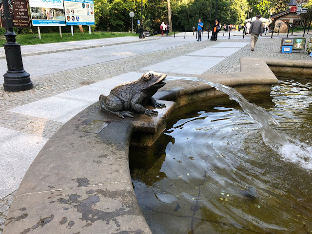 Na zdjęciu widać fragment fontanny. W środkowej części fotografii rzeźba z brązu przedstawiająca żabę. Z pyszczka żaby tryska woda.