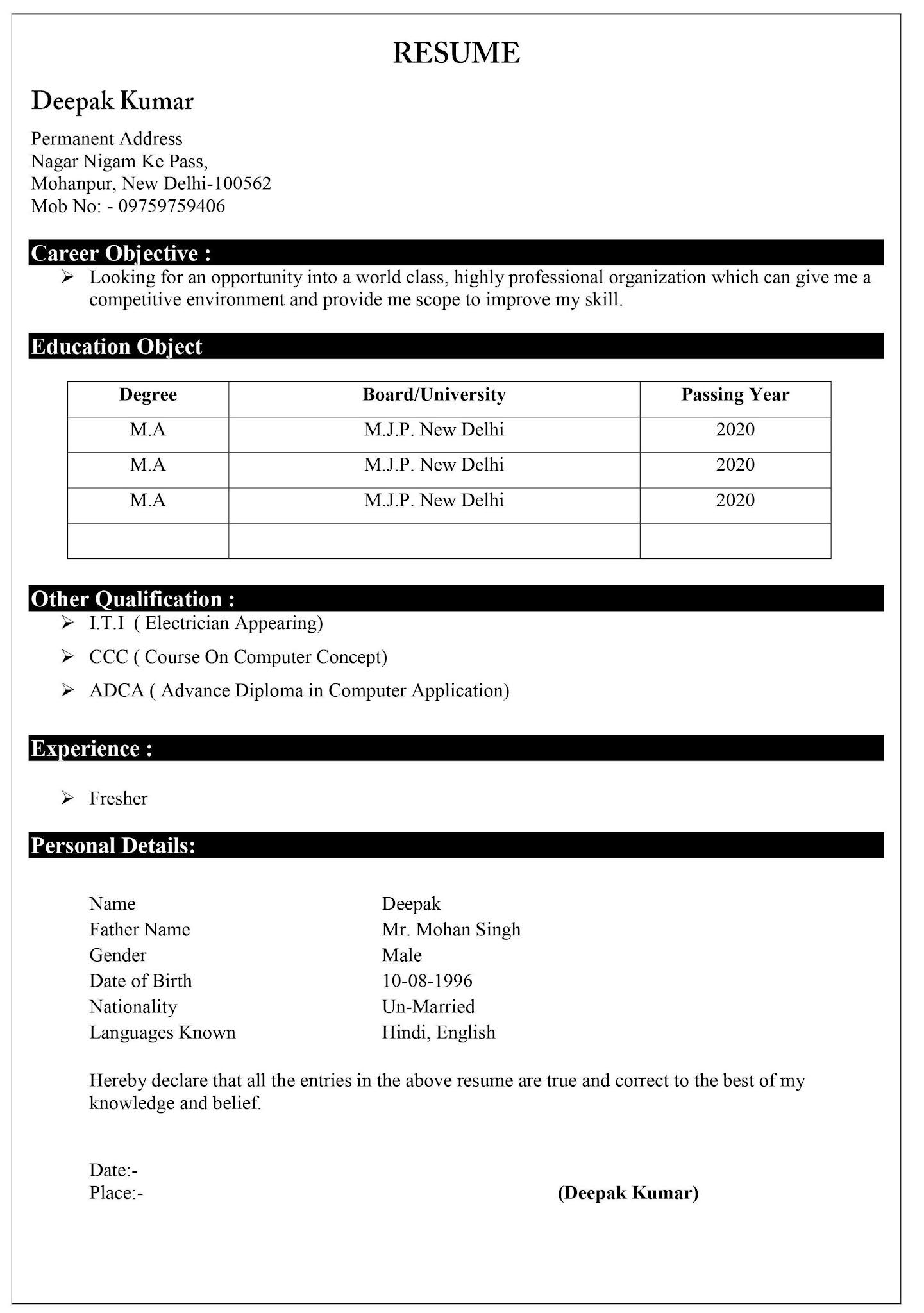 resume sample word format download