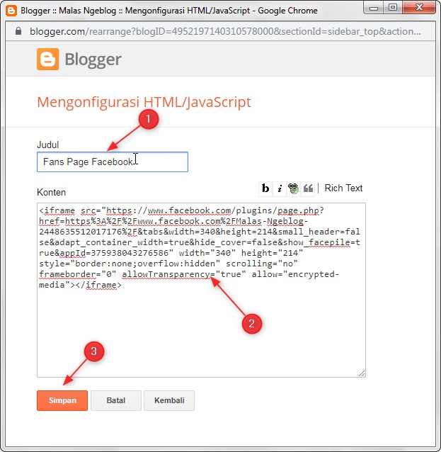 Cara Memasang Widget Fans Page Facebook di Blogger