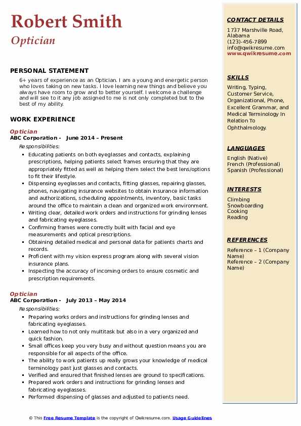 Job Description For Optician Resume Letter