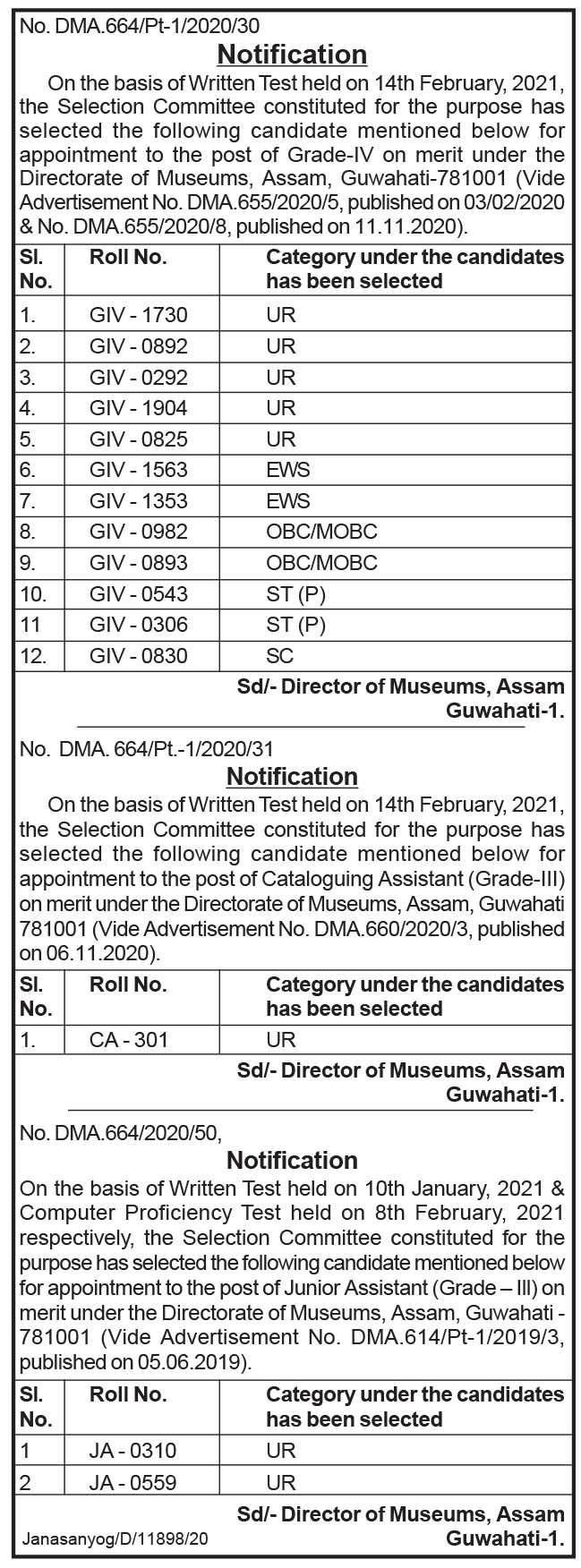 Directorate of Museums, Assam Results 2021: Grade IV, Junior Assistant And Booking Assistant Vacancy Directorate of Museums, Assam Results 2021: Grade IV, Junior Assistant And Booking Assistant Vacancy