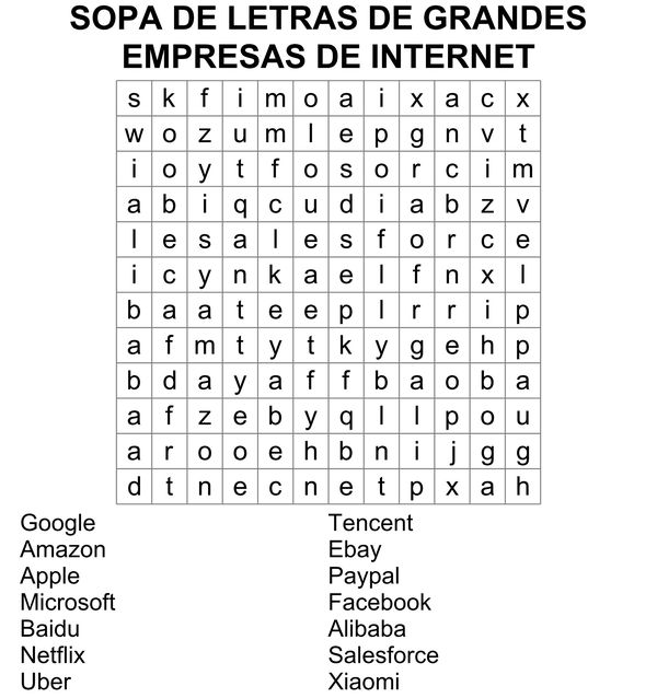 Sopa de letras de grandes empresas de Internet para imprimir