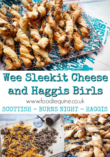 www.foodiequine.co.uk Only three ingredients in this tasty treat which is perfect for Burns Night, St Andrew's Day or Hogmanay. Haggis (traditional or vegetarian) and Cheese go burlin in Puff Pastry for an oh so moreish savoury Scottish snack.