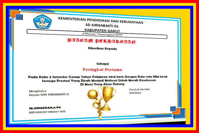 Contoh Piagam Penghargaan Sekolah Untuk Siswa Berprestasi