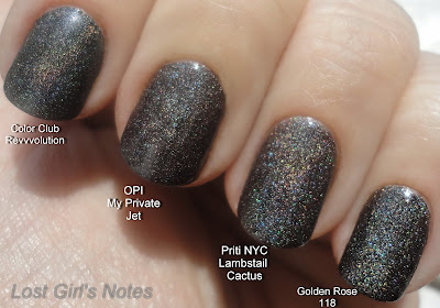 Priti NYC Lambstail cactus, OPI my private jet, Color club revvvolution and golden rose 118 dupe alert comparison