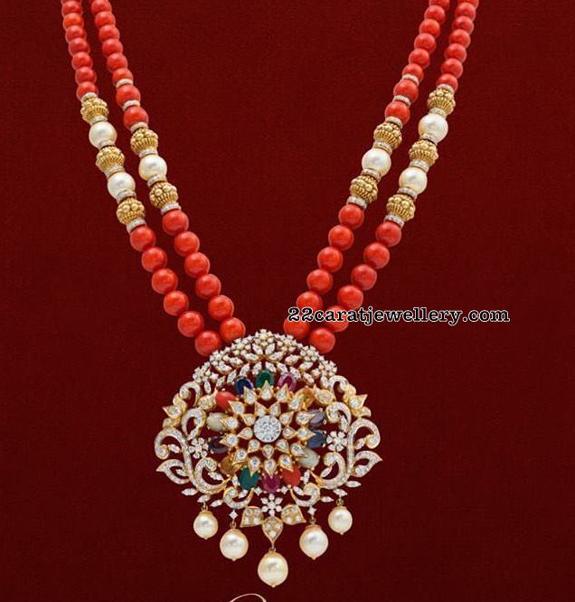 Coral Beads Long Chain Diamond Locket Jewellery Designs