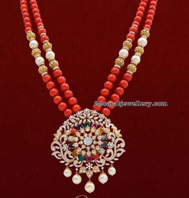 Coral Beads Long Chain Diamond Locket Jewellery Designs