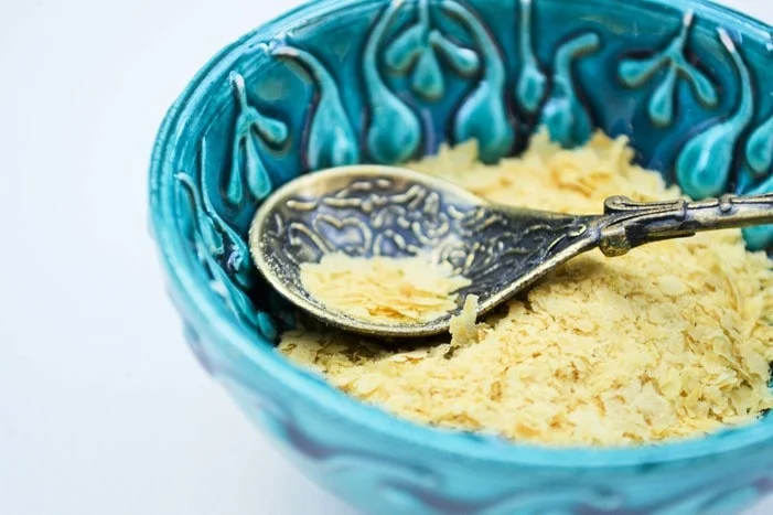 A spoon resting in a dipping bowl filled with nooch (nutritional yeast)