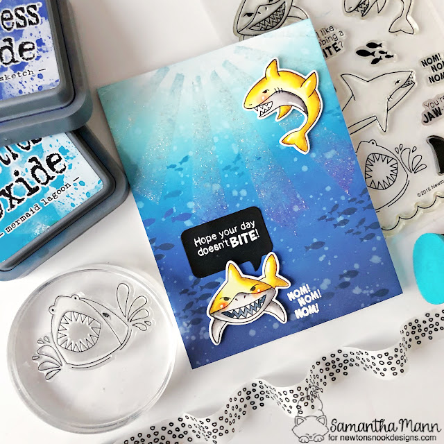 Hope Your Day Doesn't Bite Card by Samantha Mann | Shark Bites Stamp Set, Sunscape Stencil and Speech Bubbles Die Set by Newton's Nook Designs #newtonsno