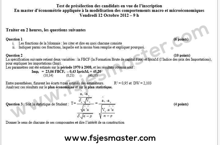 Exemple Concours Master Économétrie Appliquée à la Modélisation des Comportements Macro et Microéconomiques 2012 - Fsjes Ain Chock