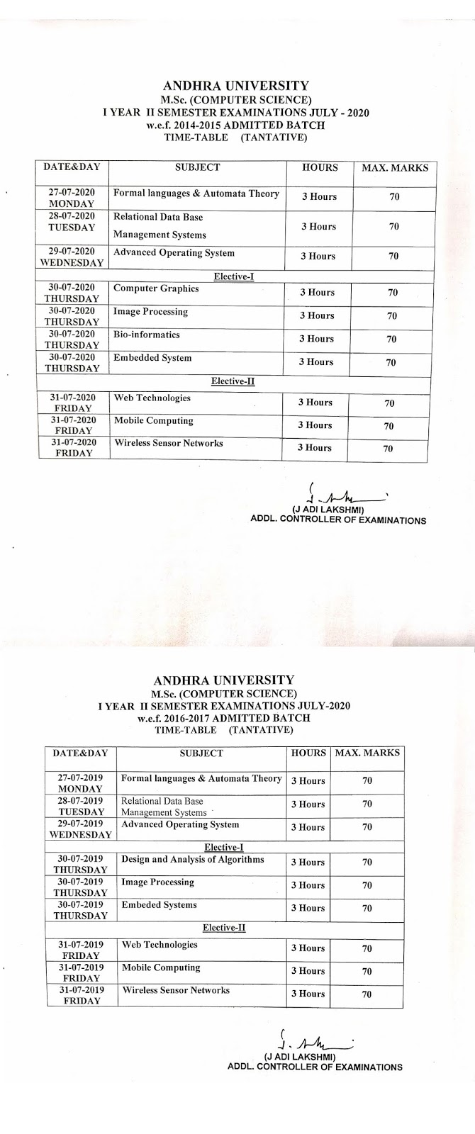 andhra university msc computer science 1st year 2nd sem july 2020 exam time table