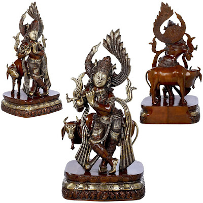 Brass Sculpture Fluting Krishna With Peacock And Cow