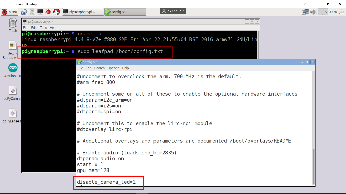 Hello Raspberry Pi: Disable Camera Module LED