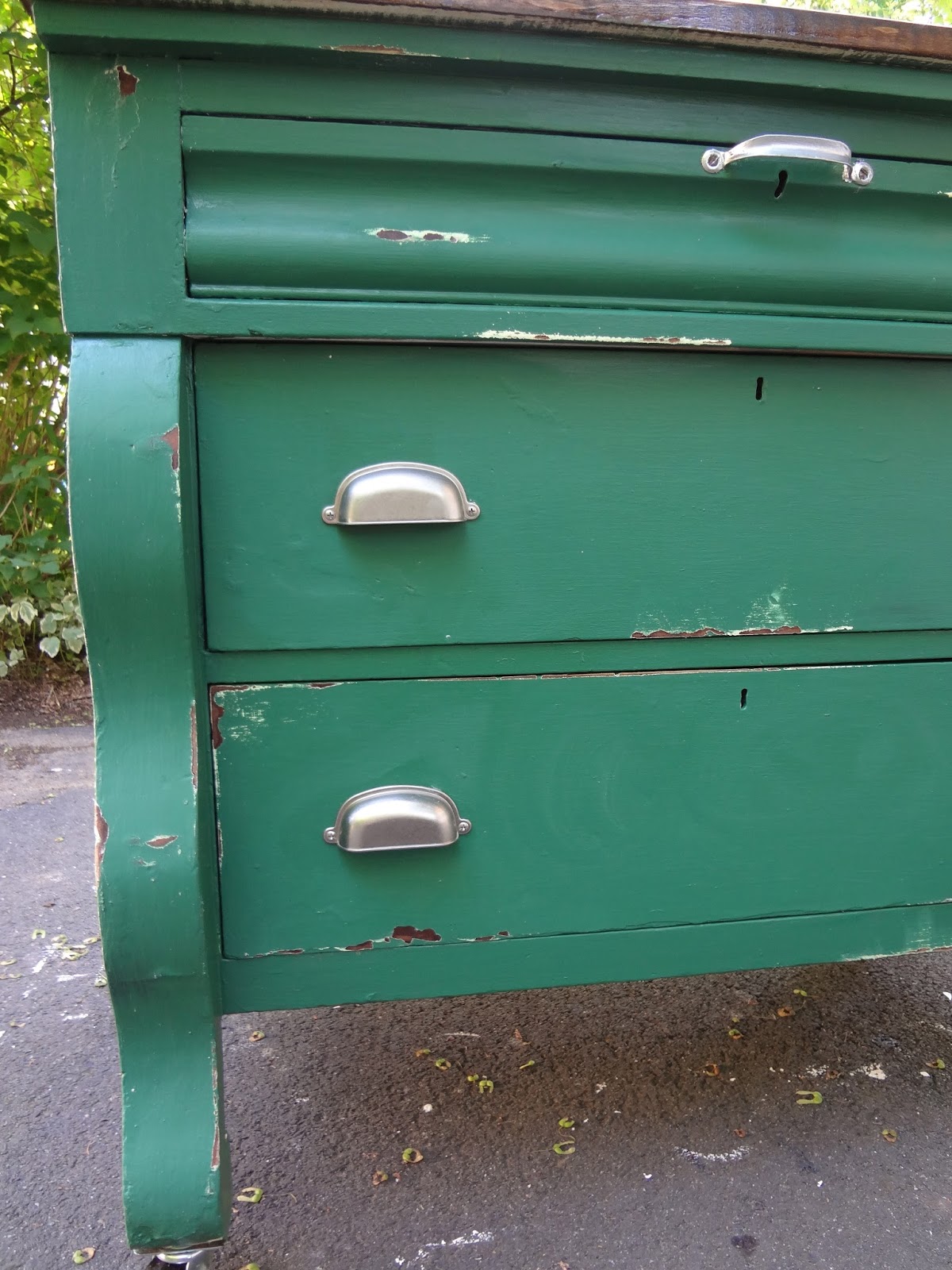 Heir and Space An Antique Green Kitchen Island
