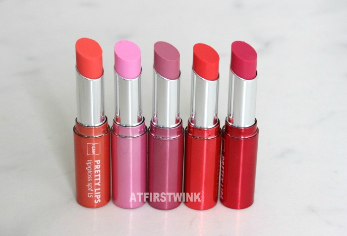 the 5 shades of the HEMA Pretty Lips lipgloss spf15 that I bought