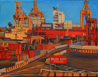 plein air oil painting by artist Jane Bennett of the last non automated straddle cranes operating at Patrick Terminal Port Botany