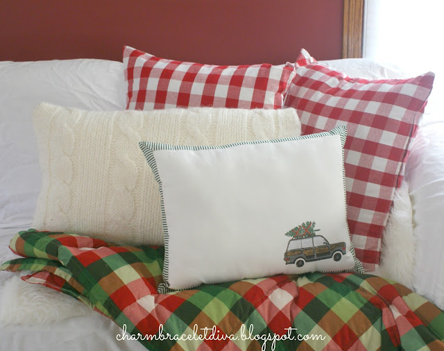 couch with red and green throw buffalo check pillows Christmas pillows