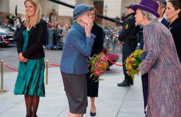 Queen Margrethe, Princess Benedikte. Crown Princess Mary wore a rose gold metallic pleated midi skirt from Asos Design, and a blazer by Max Mara