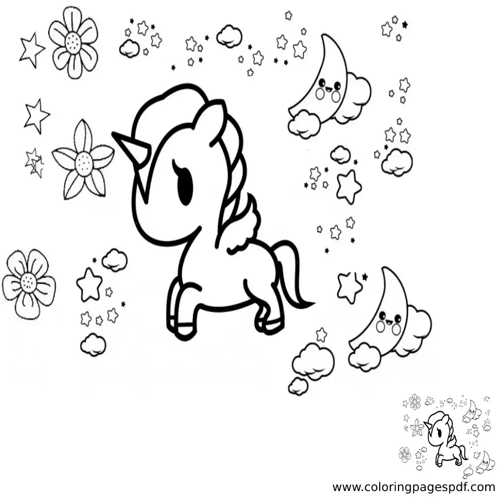 Coloring Page Of A Small Unicorn With Flowers And Crescents