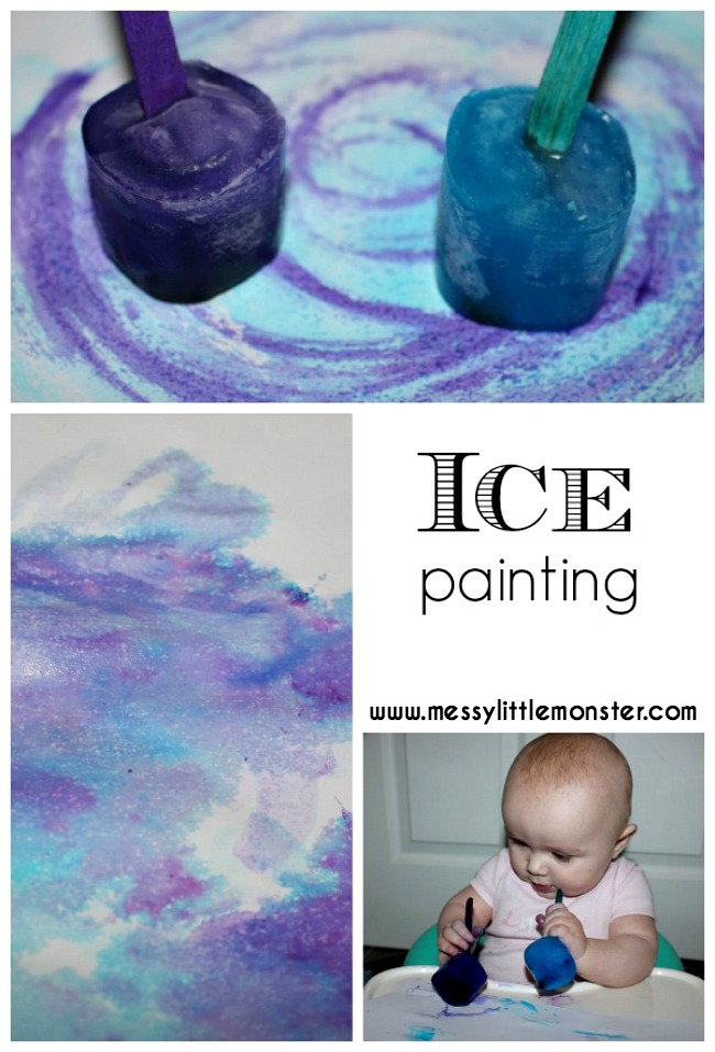 Taste safe ice painting. An easy and fun painting idea for kids.  Babies, toddlers and preschoolers will love this fun process art technique. Great for winter projects, learning colours, exploring freezing and melting or for playing with outside in the summer.