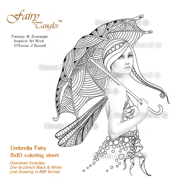Fairy Tangles Umbrella Coloring Book Page Adults Pages