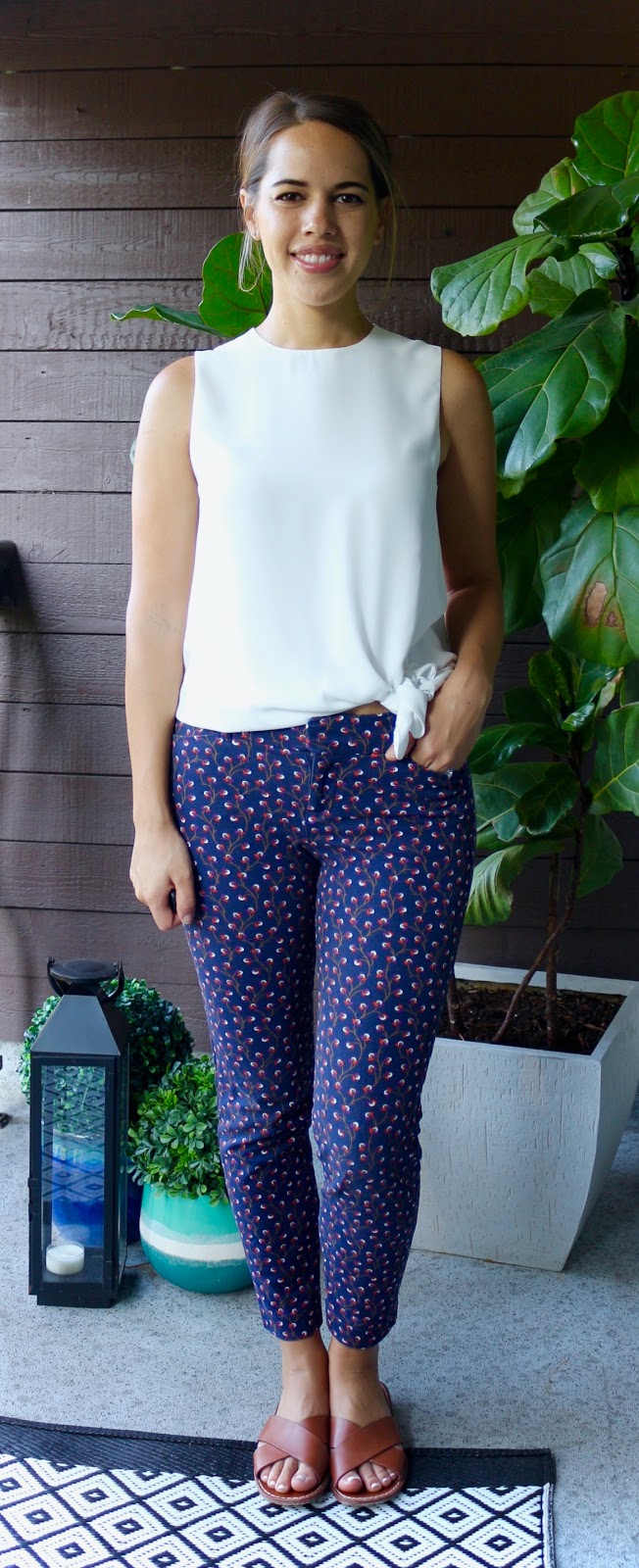 Jules in Flats - Tie-Front-Knot Top Blouse with Skinny Patterned Ankle Pants (Business Casual Summer Workwear on a Budget) 