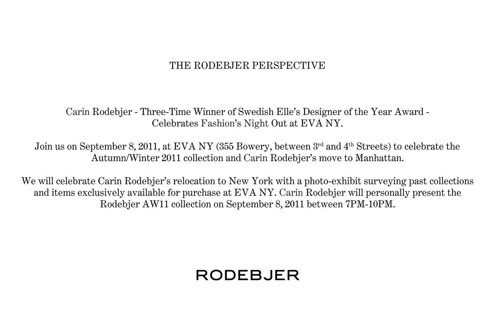 EVA NY: FASHION'S NIGHT OUT | SEPTEMBER 8 | THE RODEBJER PERSPECTIVE AT ...