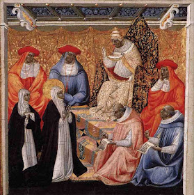 Giovanni di Paolo's painting depicts the meeting of Catherine of Siena with Gregory XI at Avignon