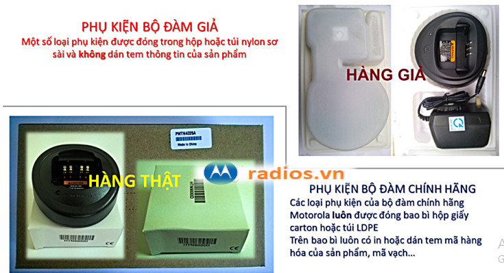 Phân biệt hàng thật hàng giả bộ đàm Motorola qua nhãn mác trên bộ sạc