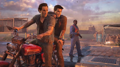screenshot from uncharted 2. Two men on a motorcycle with a third person in the background.