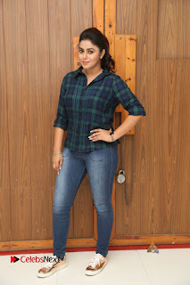 Actress Poorna Stills in Denim Jeans at Jayammu Nischayammu Raa Movie Interview  0250