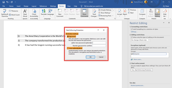 Proteja el documento de Word usando Restringir edición