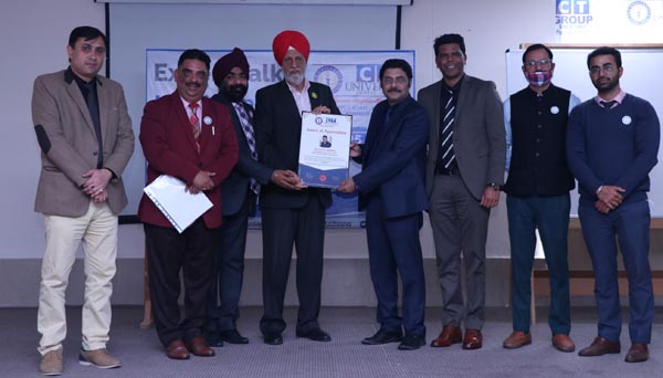 CT University Chancellor Charanjt S Channi, Vice Chancellor Dr. Harsh Sadawarti while honoring guest speaker Sudipta Banerjee