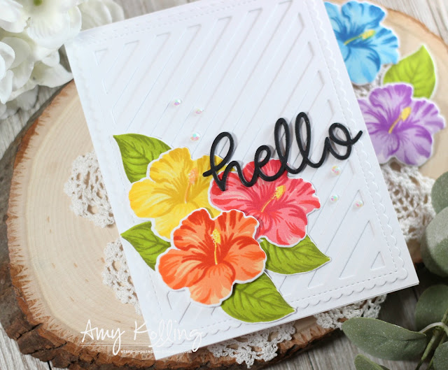 Sunny Studio Stamps: Hawaiian Hibiscus Frilly Frames Sunny Sentiments Hello Word Die Friendship Cards by Amy Kolling