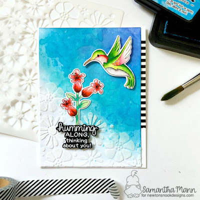 Humming Along, Thinking of You Card by Samantha Mann for Newton's Nook Designs, Distress Inks, Watercolor, Embossing Paste, Stencil, Glitter, Cards, Handmade Cards, #newtonsnook #watercolor #distressinks #cards #cardmaking #embossing paste