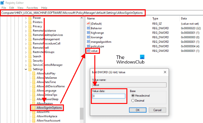 disabilitare l'editor del registro pin di Windows Hello