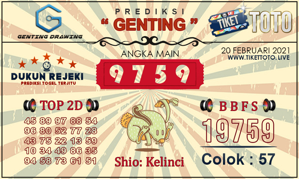 Prediksi Togel GENTING DRAWING TIKETTOTO 20 FEBRUARI 2021