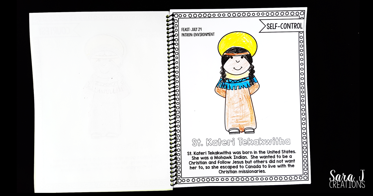 Catholic Saints Coloring Book.  Includes 56 different Saints. Great way to teach the virtues through the lives of the Saints.