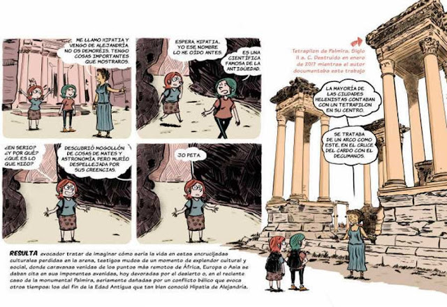Cómic de Pedro Cifuentes que ilustra un recorrido por Palmira guiado por Hipatia