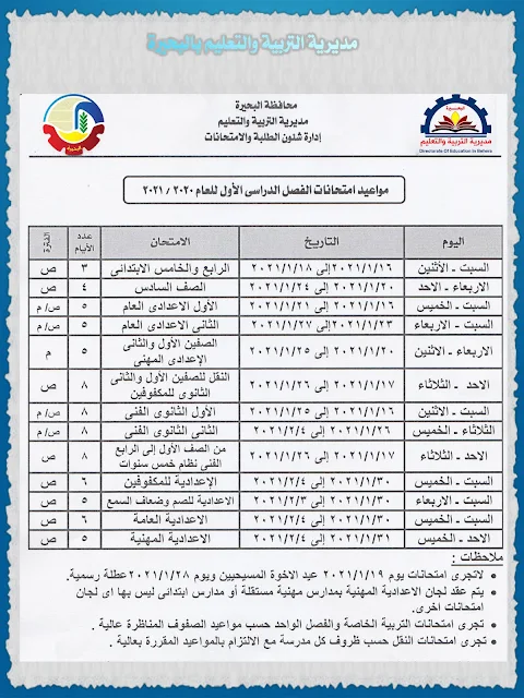 جدول امتحانات محافظة البحيرة 2021 نصف العام