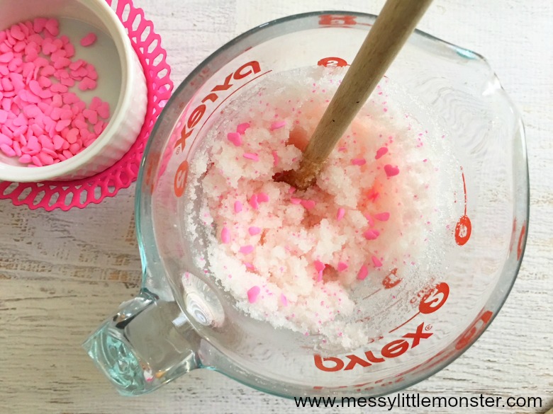 Easy homemade sugar scrub. Follow our easy instructions to find out how to make a DIY sugar scrub.  The addition of hearts makes it perfect as a homemade gift for Valentines Day or Mothers Day. 