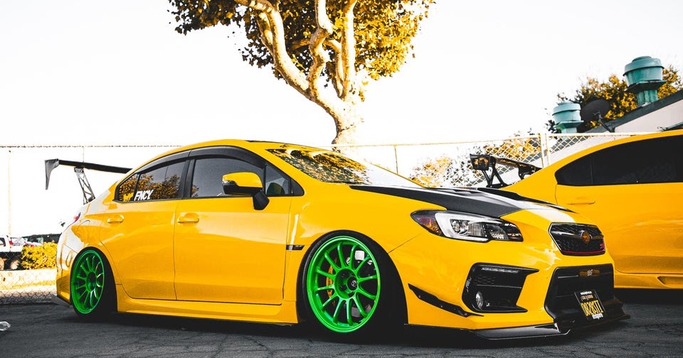 Yellow Subaru WRX 2015 Custom Green Wheels Front Lip Carbon Hood Subie Gallery