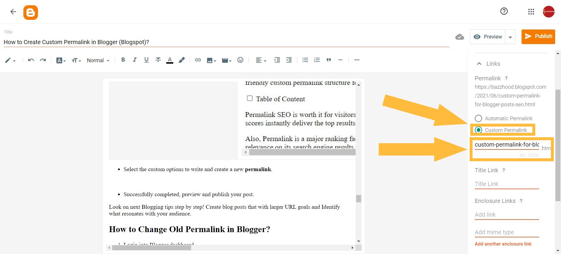 Select the custom options to write and create a new permalink. Select the custom options to write and create a new permalink.