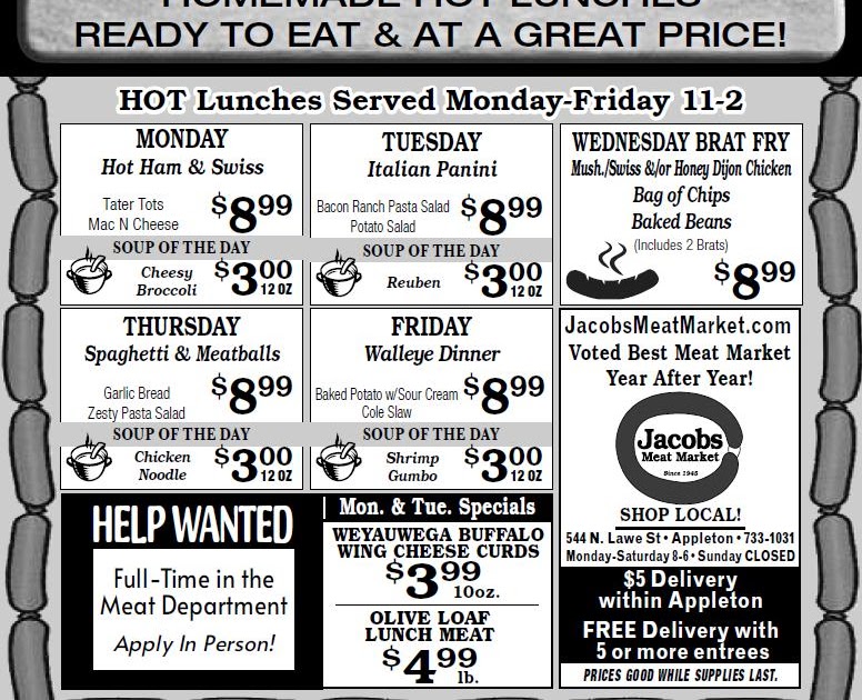 HOT Lunch Menu 7/127/16/2021! Jacobs Meat Market