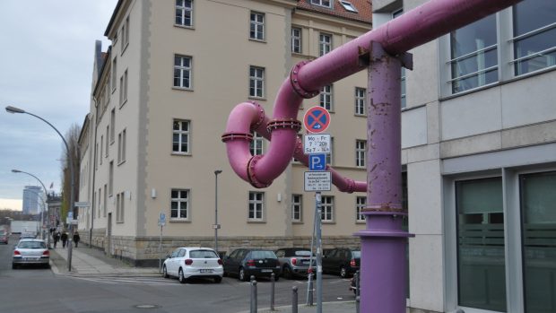 About 60 kilometers of pink and blue pipelines run through Berlin