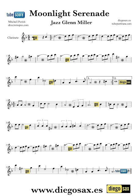 Partitura de Moonlight Serenade para Clarinete de Glenn Miller Music Score Clarinet Sheet Music