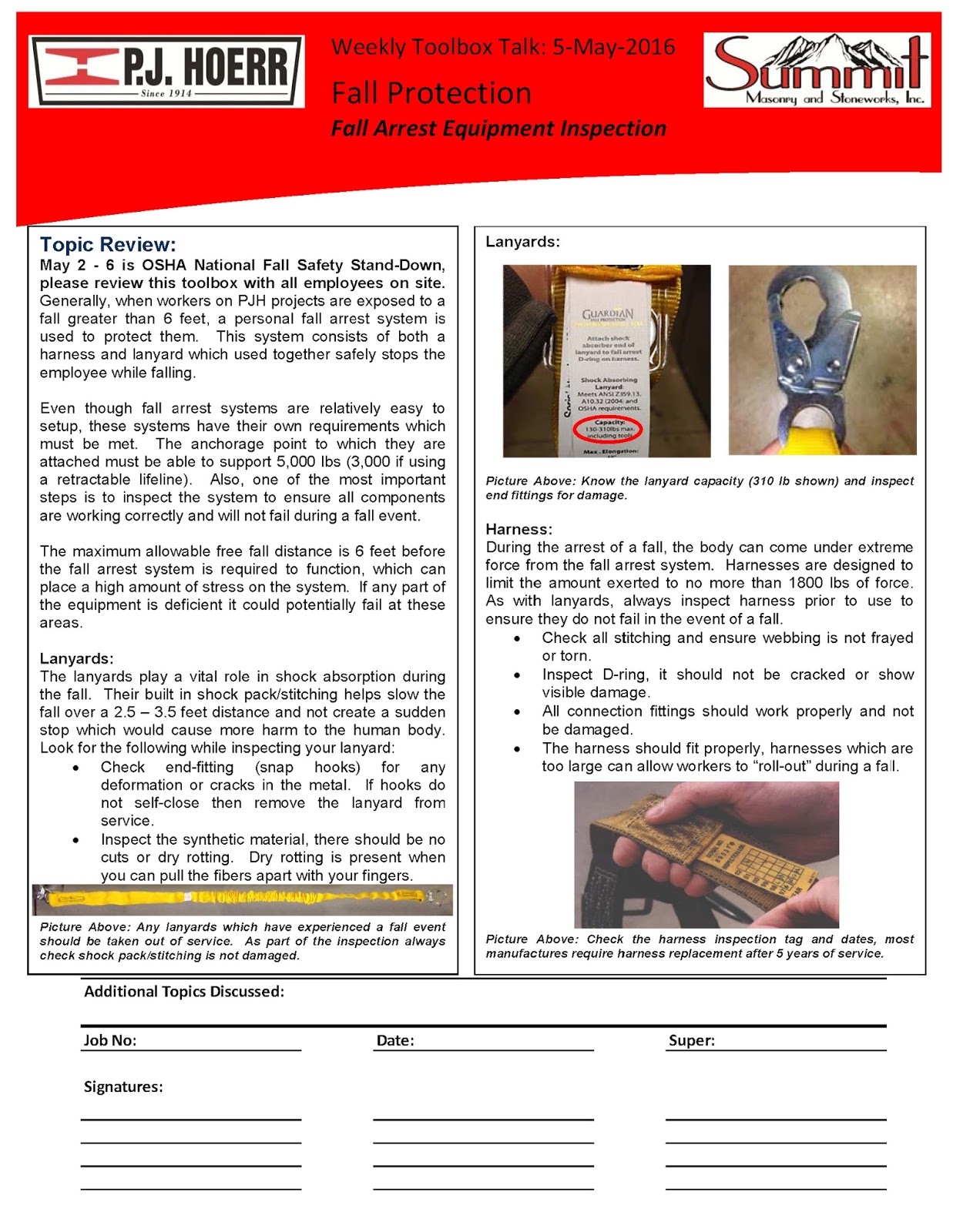 P.J. Hoerr, Inc. P.J. Hoerr & Summit Masonry Weekly Toolbox Talk